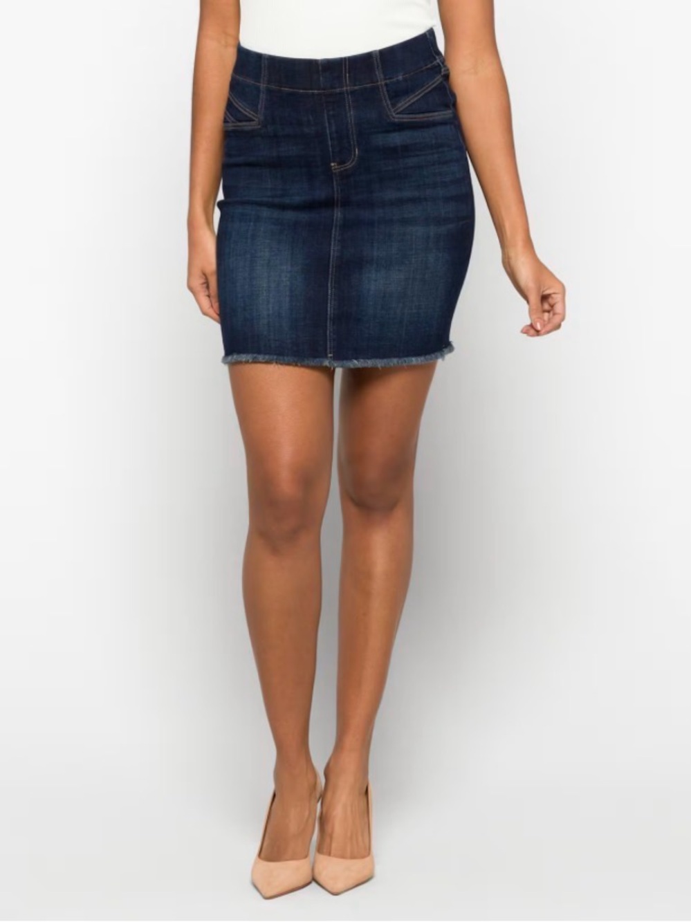 Liverpool-  Cat Eye Pull-On Denim Skirt - Dark Blue